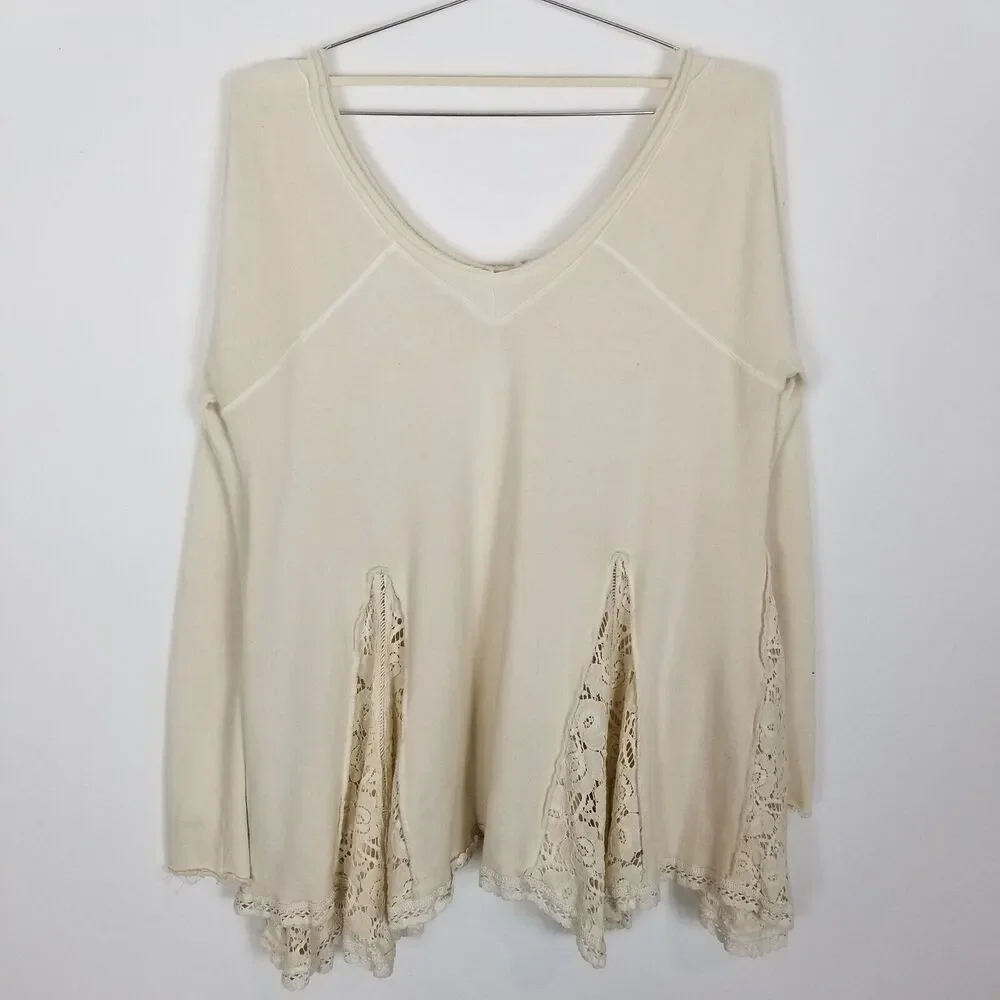 FREE PEOPLE Women No Frills Lace Inset Pullover Asymmetrical Sweater  S‎  Ivory